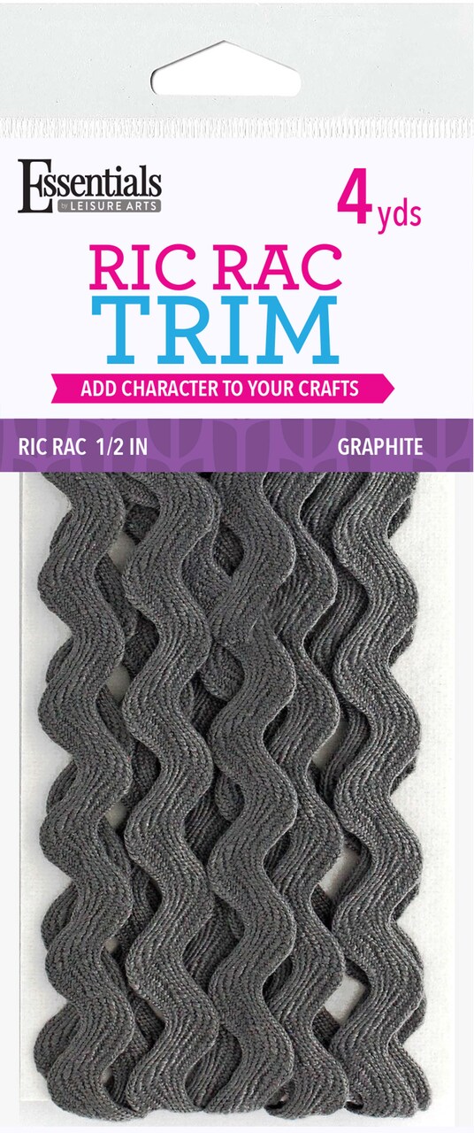 Essentials By Leisure Arts Ric Rac 1/2" 4 yards Graphite - rick rack trim for sewing - wavy ric rac trim for sewing and crafts - ric rac ribbon - rick rack trim graphite
